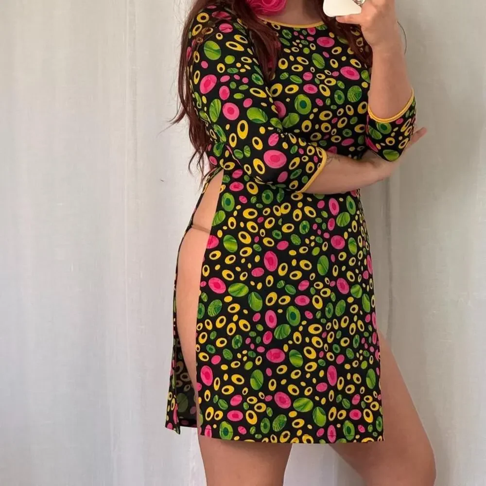 ✿ vintage psychedelic side slit mini dress ✿ I - Picture 3 of 6